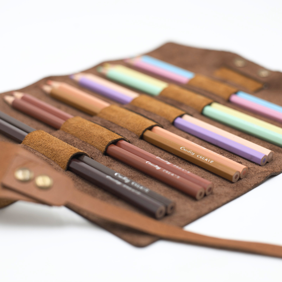 Genuine Leather Roll Up Pencil Pouch with Colour Pencils
