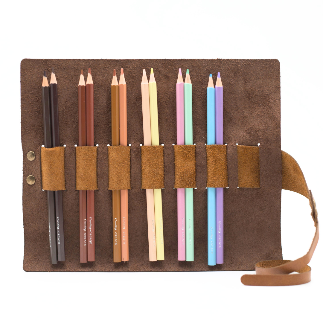 Genuine Leather Roll Up Pencil Pouch with Colour Pencils