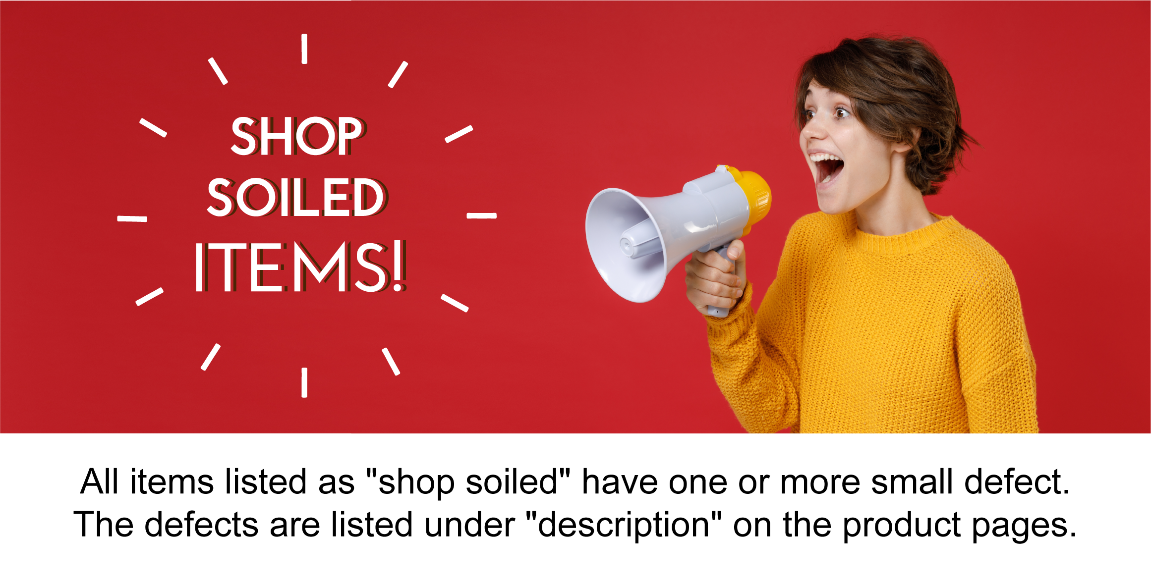 Image shows a boy with a megaphone, shouting 'shop soiled items!'