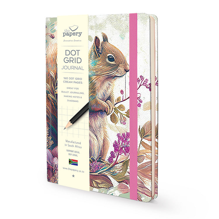 Image shows a retro squirrel dot grid journal