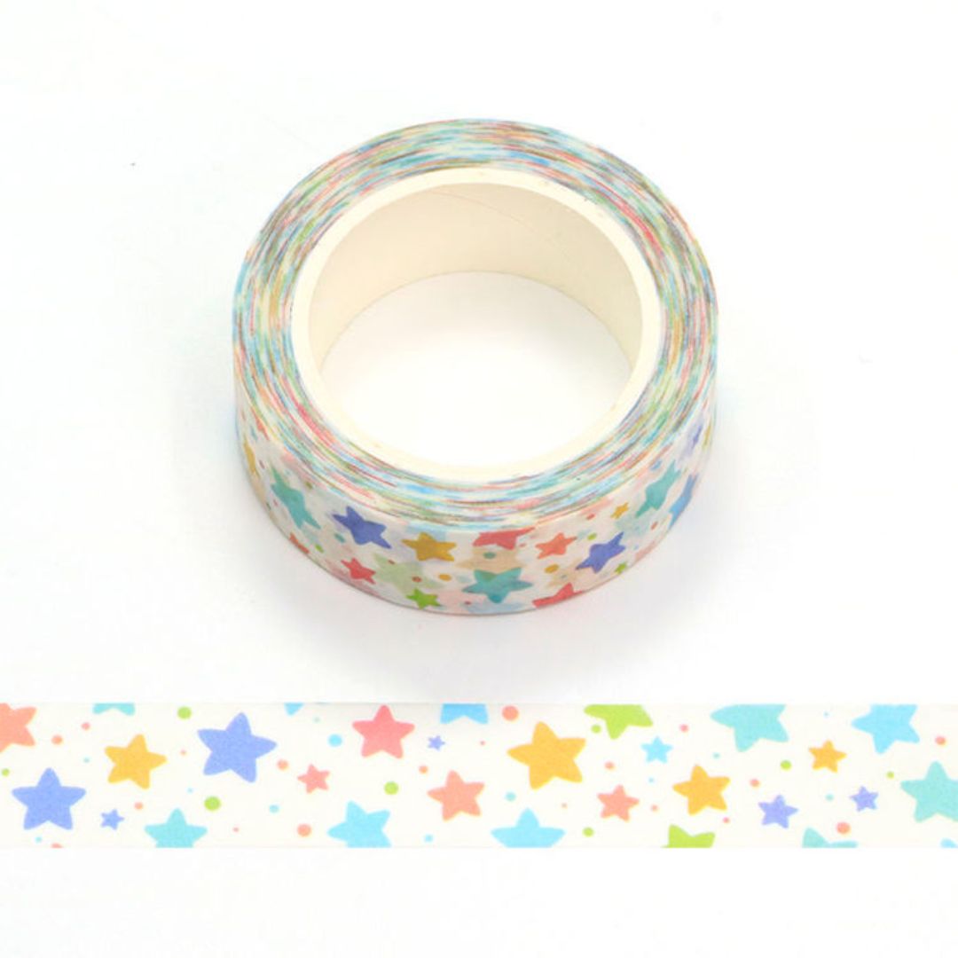 Multicolored star-patterned washi tape with a white background