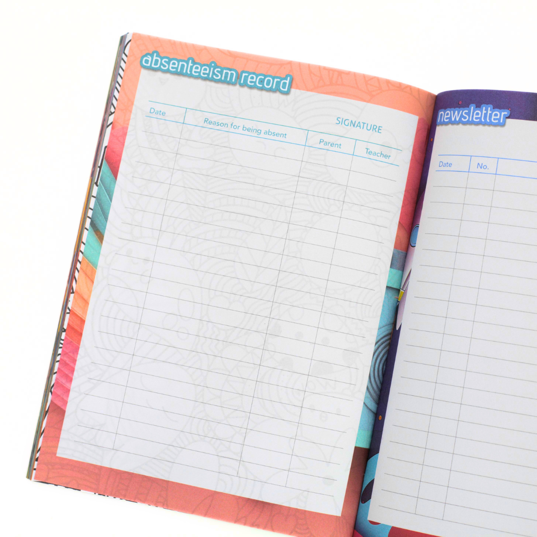 Open diary with 'absenteeism record' and 'newsletter' pages.