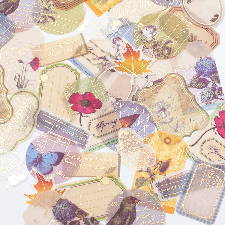 Image shows assorted stickers in the Vintage Birds & Flowers sticker pack