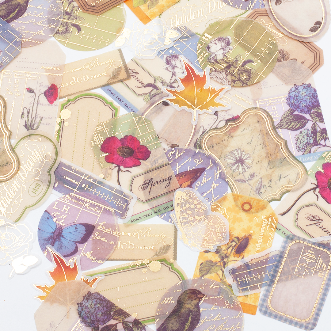 Image shows assorted stickers in the Vintage Birds & Flowers sticker pack