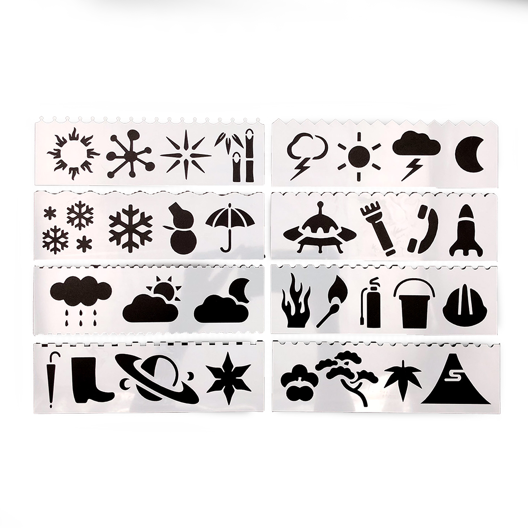 Image shows a stencil set with different weather icons