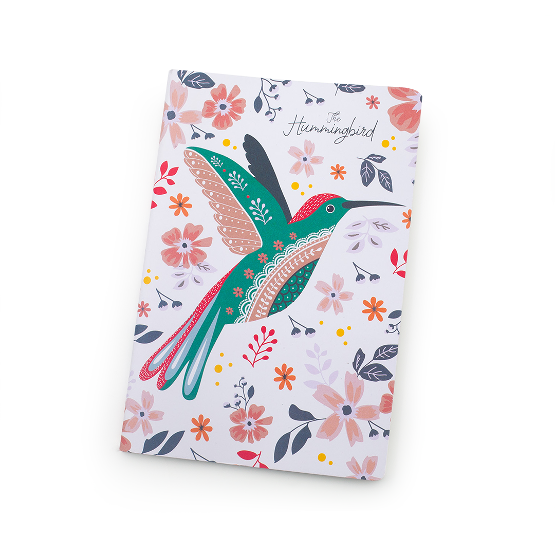 Image shows a white hummingbird notebook