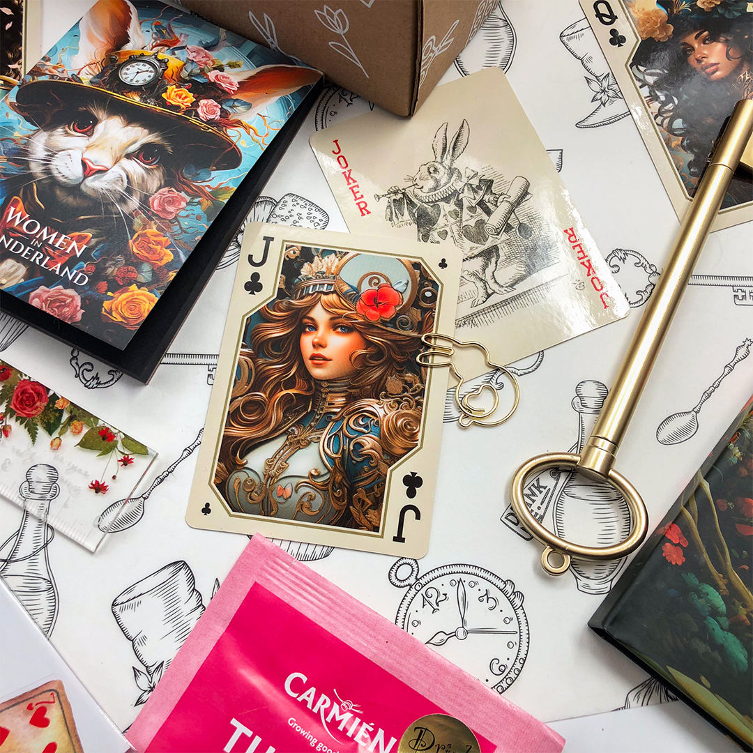 Image shows contents of the women in wonderland stationery box