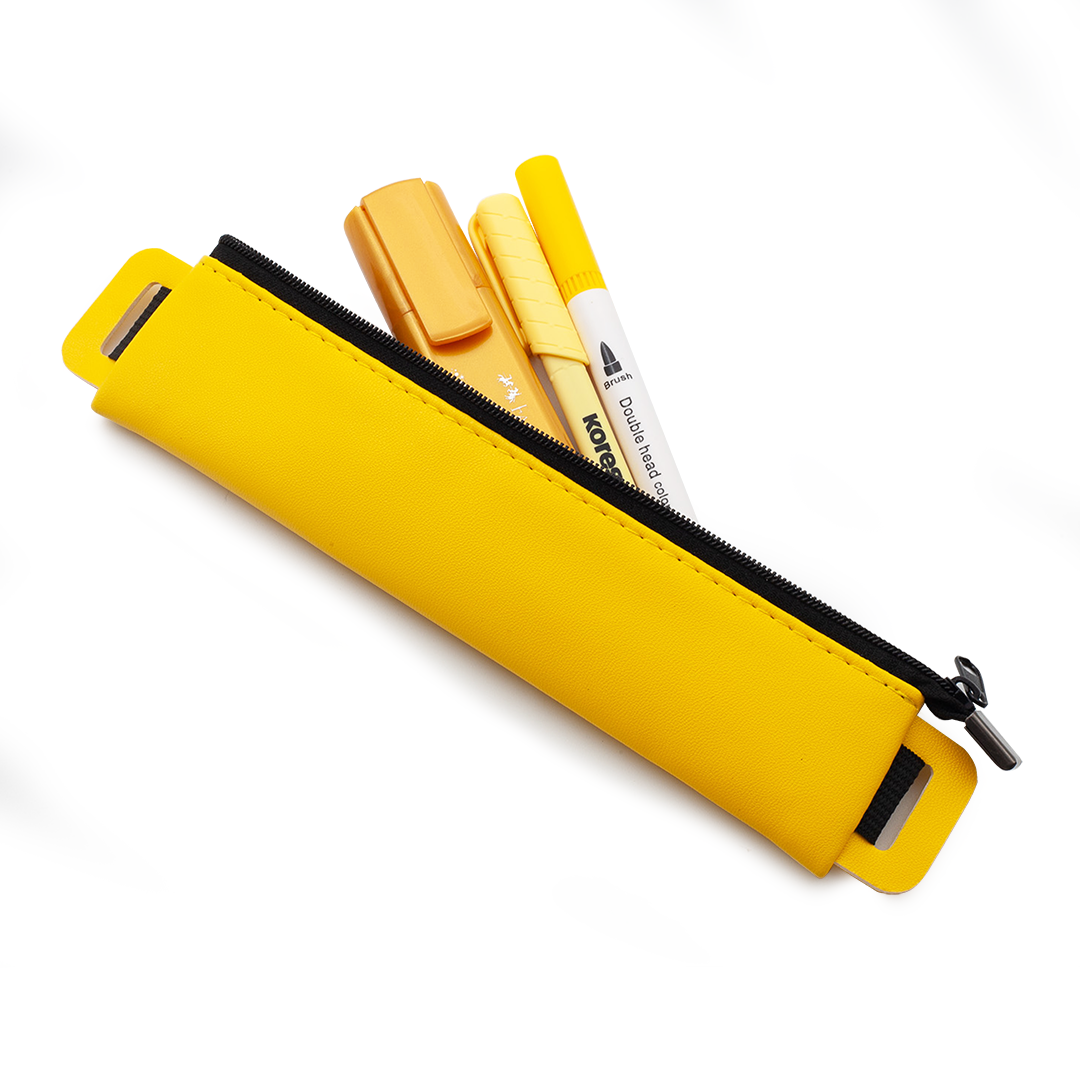 Image shows a yellow pencil pouch with pens