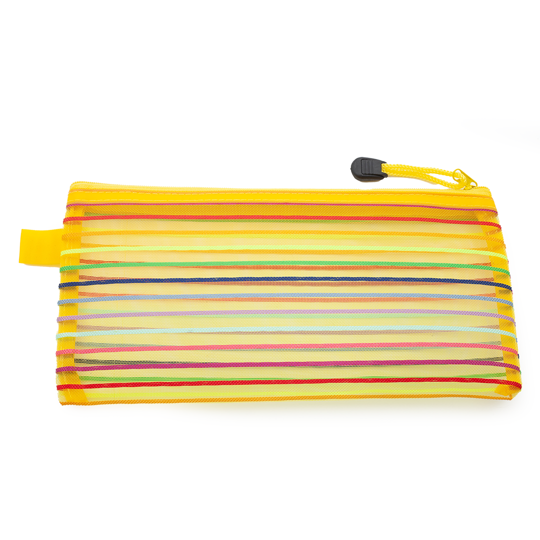Image shows a yellow striped pencil bag