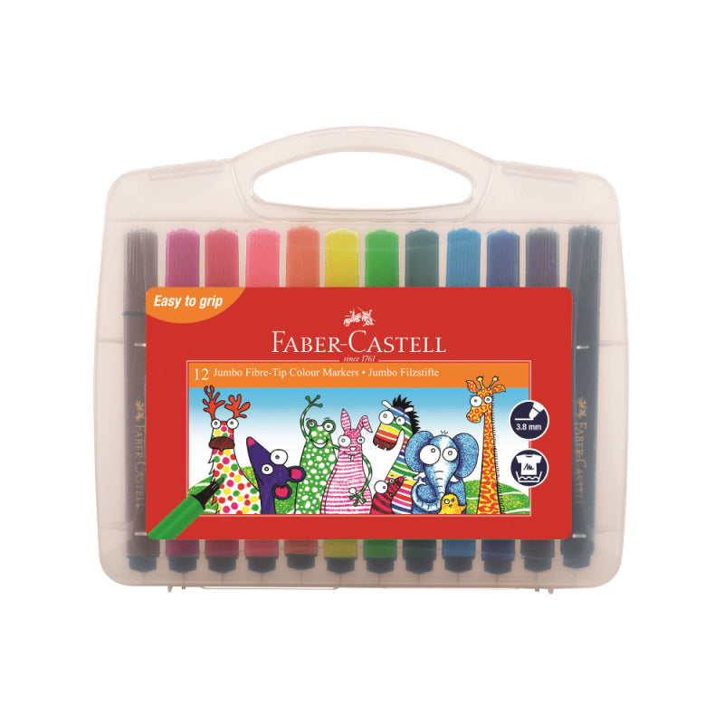 Image shows a set of 12 Faber-Castell Jumbo fibre tip colouring pens
