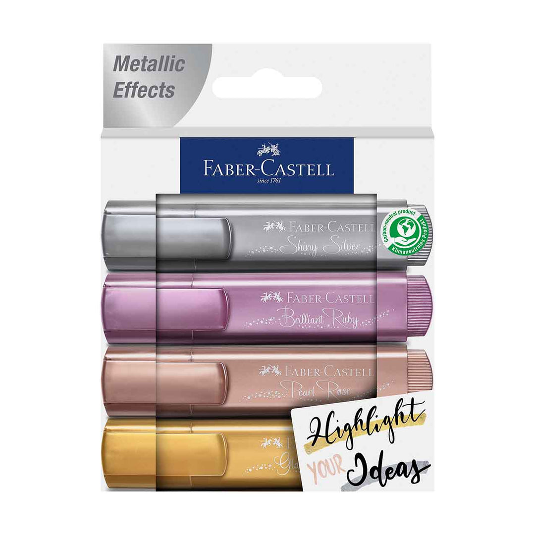 Image shows a set of 4 Faber-Castell metallic textliners (silver/gold/ruby pink/copper)
