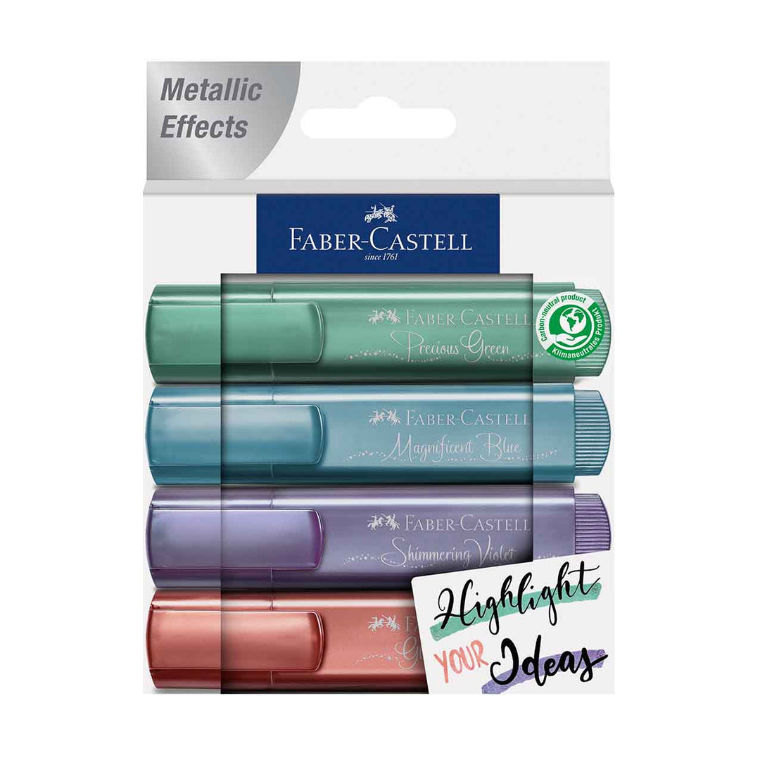 Image shows a set of 4 Faber-Castell metallic textliners (green/blue/violet/red)