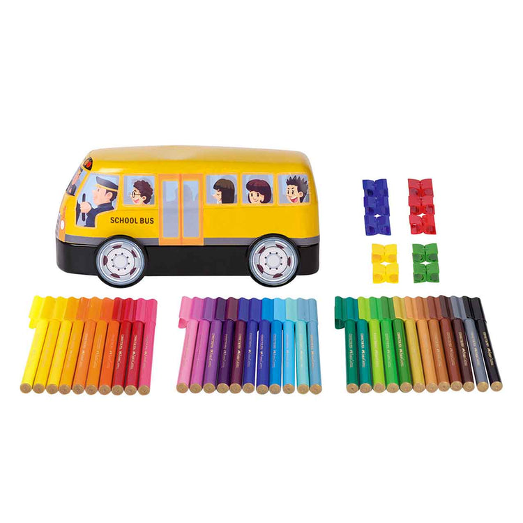 Image shows a set of Faber-Castell connector pens in a bus shaped tin 