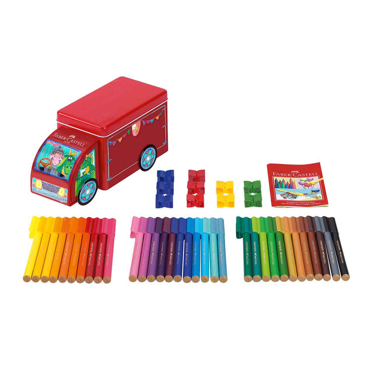 Image shows a set of Faber-Castell connector pens in a truck shaped tin 