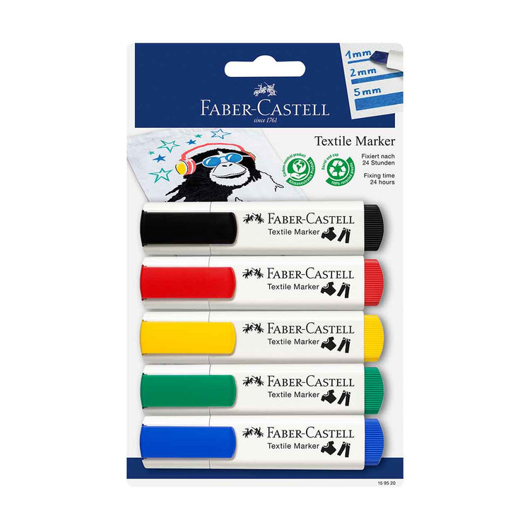 Image shows a set of 5 Faber-Castell textile markers
