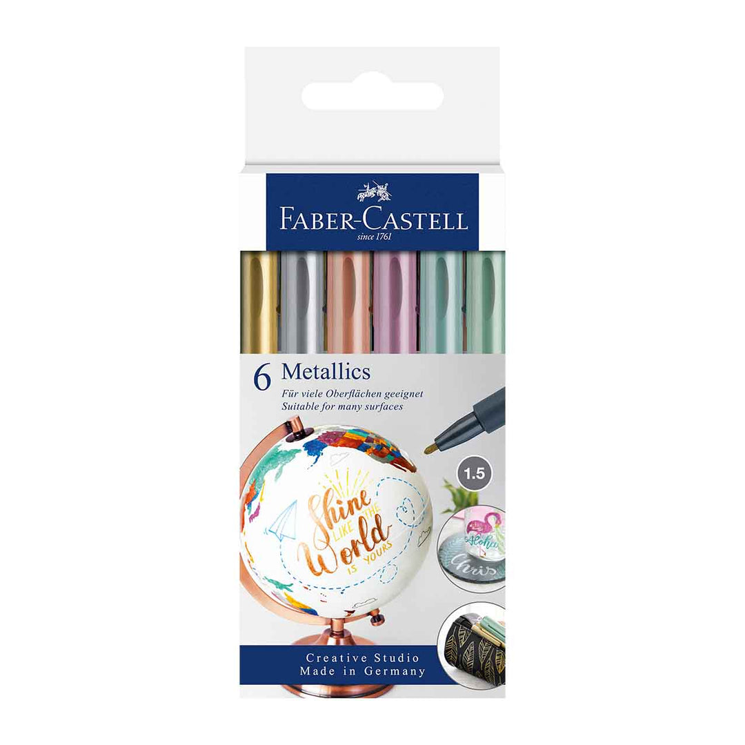 Image shows a set of 6 Faber-Castell Metallic Markers