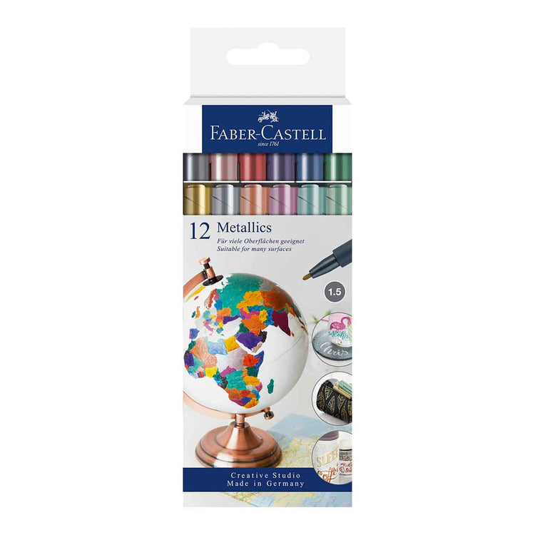 Image shows a set of 12 Faber-Castell Metallic Markers