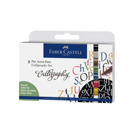 Image shows a set of 8 Faber-Castell calligraphy pitt artist pens (assorted colors)