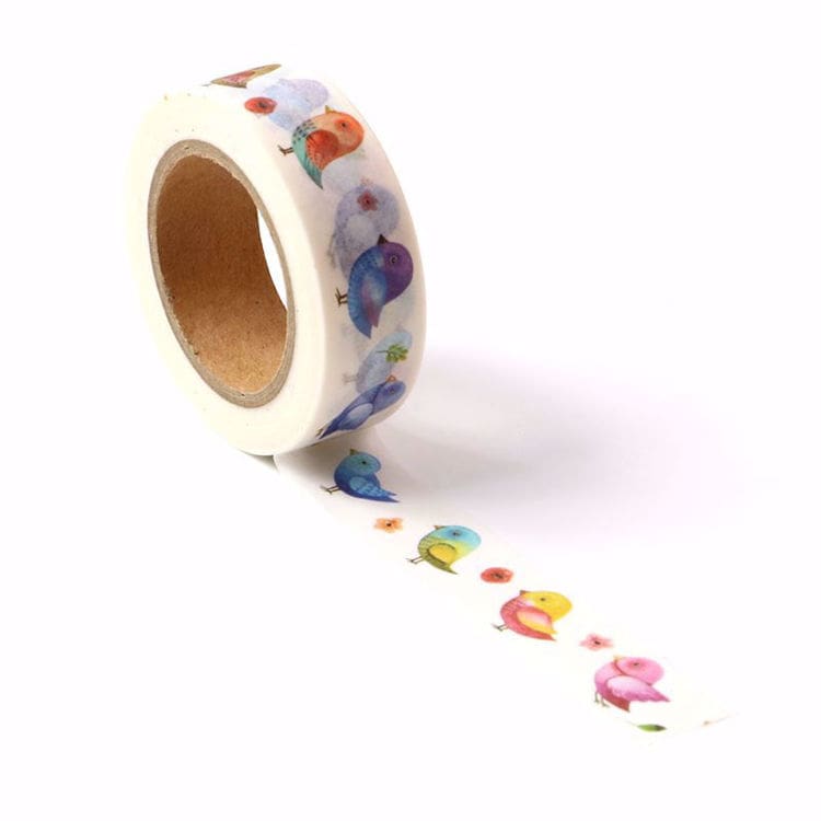 Image shows a colorful birds pattern washi tape