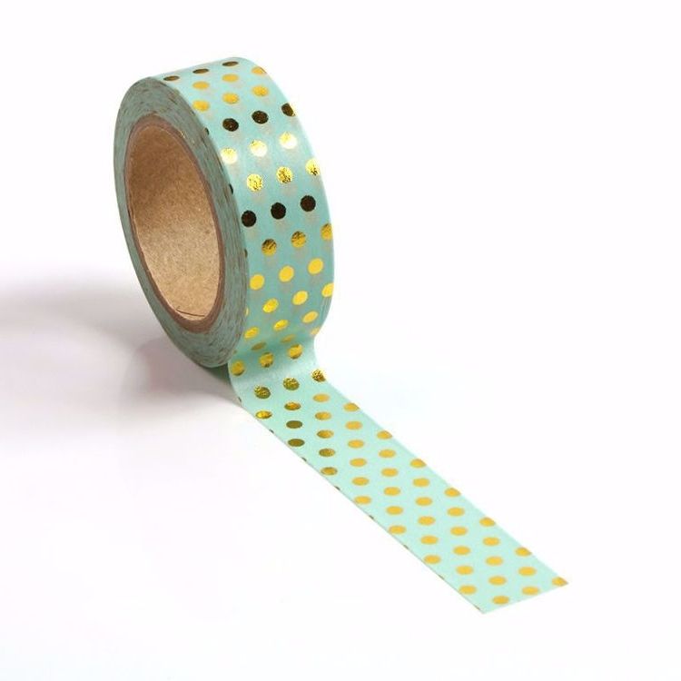 Image shows a blue with gold polka dots washi tape