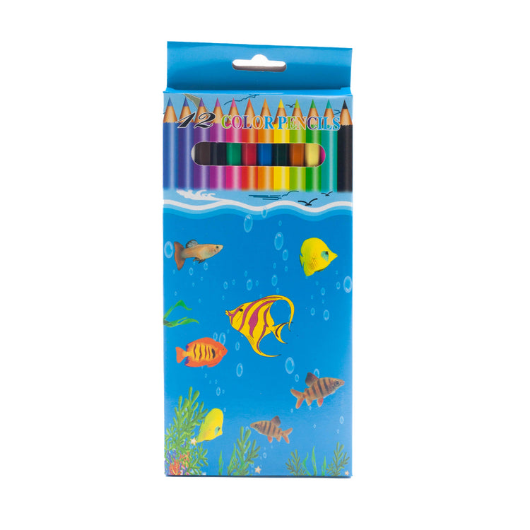 Image shows a set of 12 colour pencils (blue packaging)