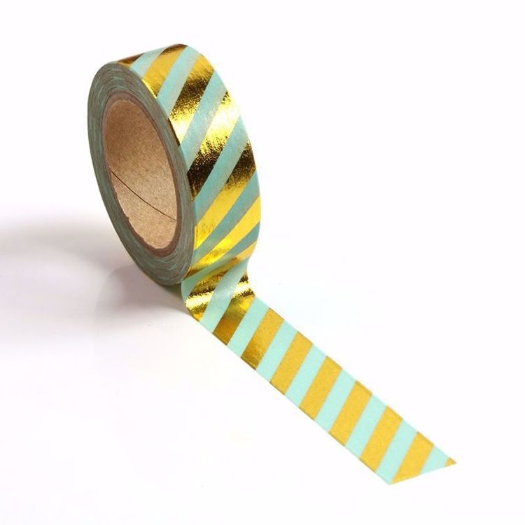Image shows a blue and gold stripped washi tape