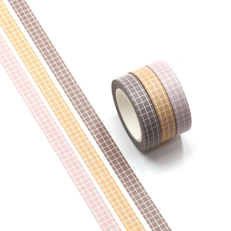 Image shows a set of 3 brown grid pattern washi tape