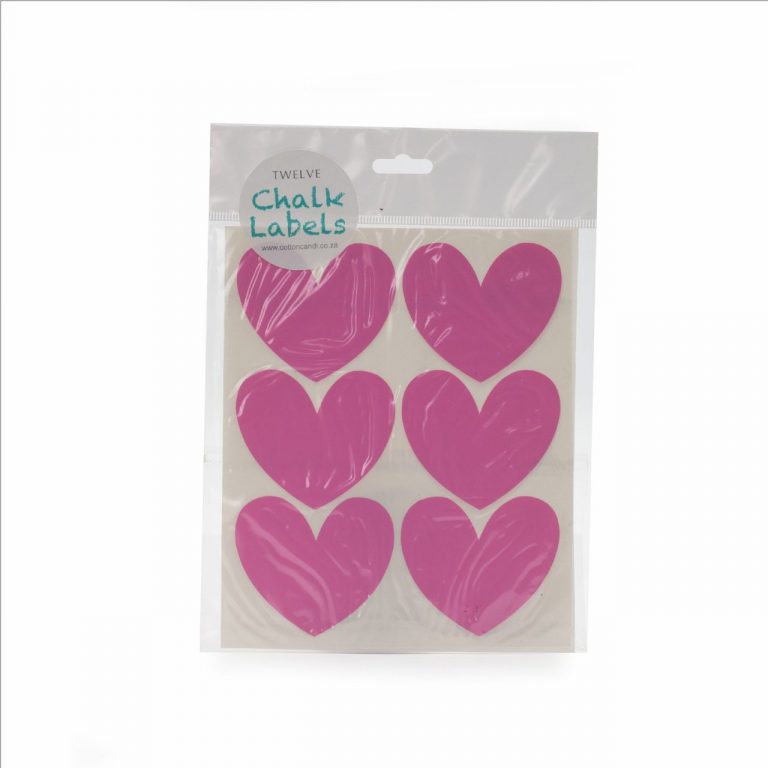 Image shows a set of cerise pink chalk labels in heart shapes