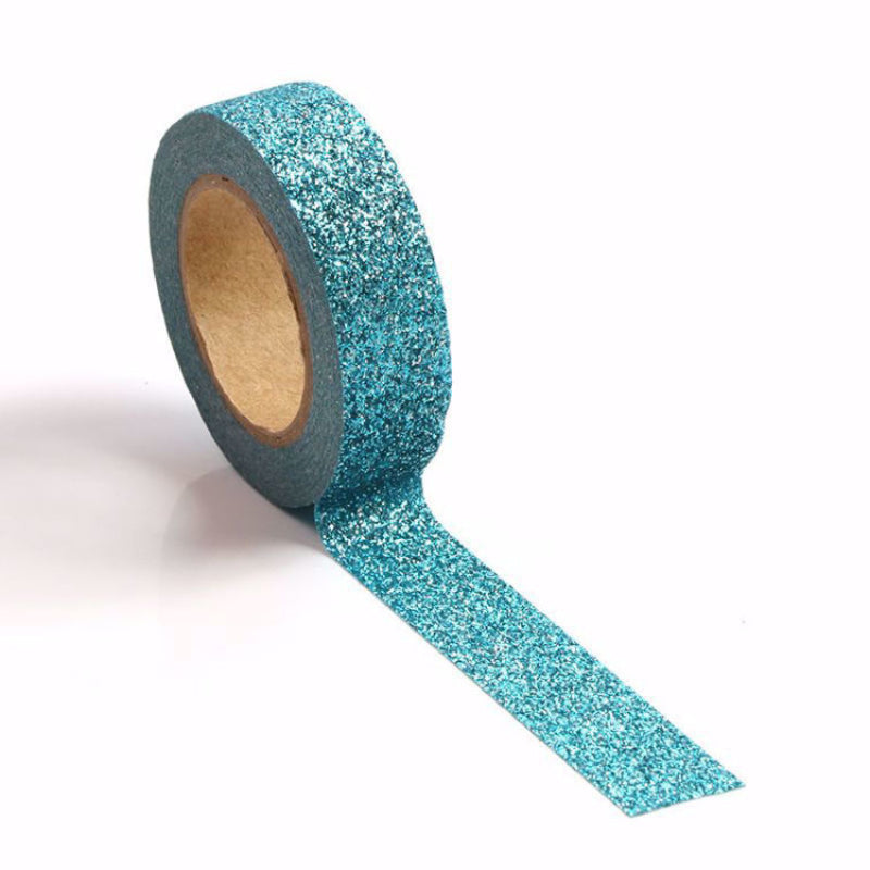 Image shows a bright blue glitter washi tape