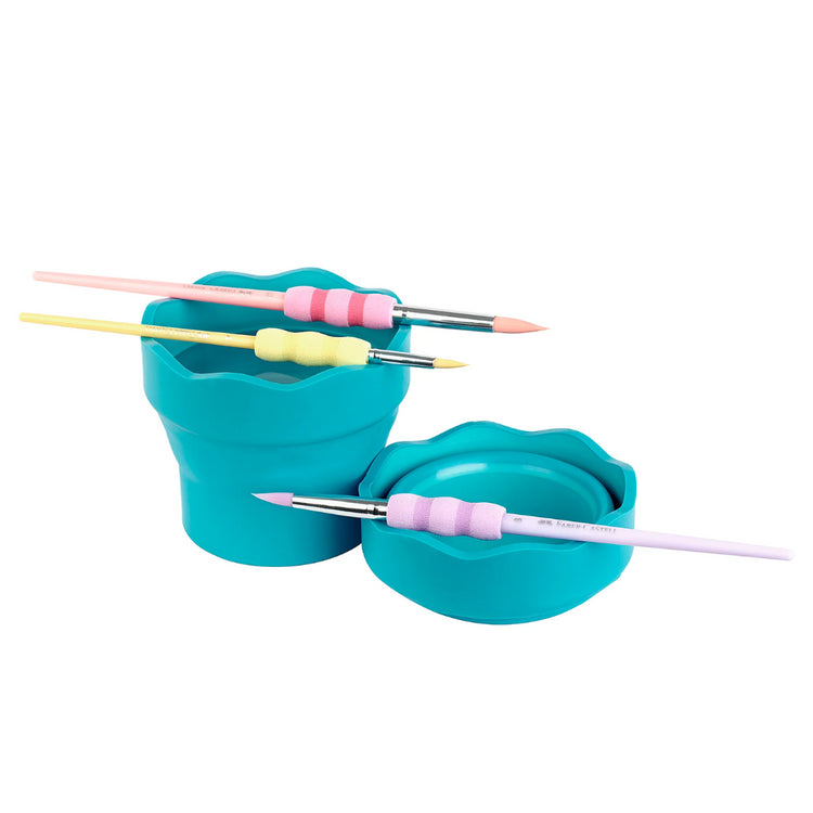 Image shows a Turquoise Faber-Castell Clic 'n Go water pot with paint brushes