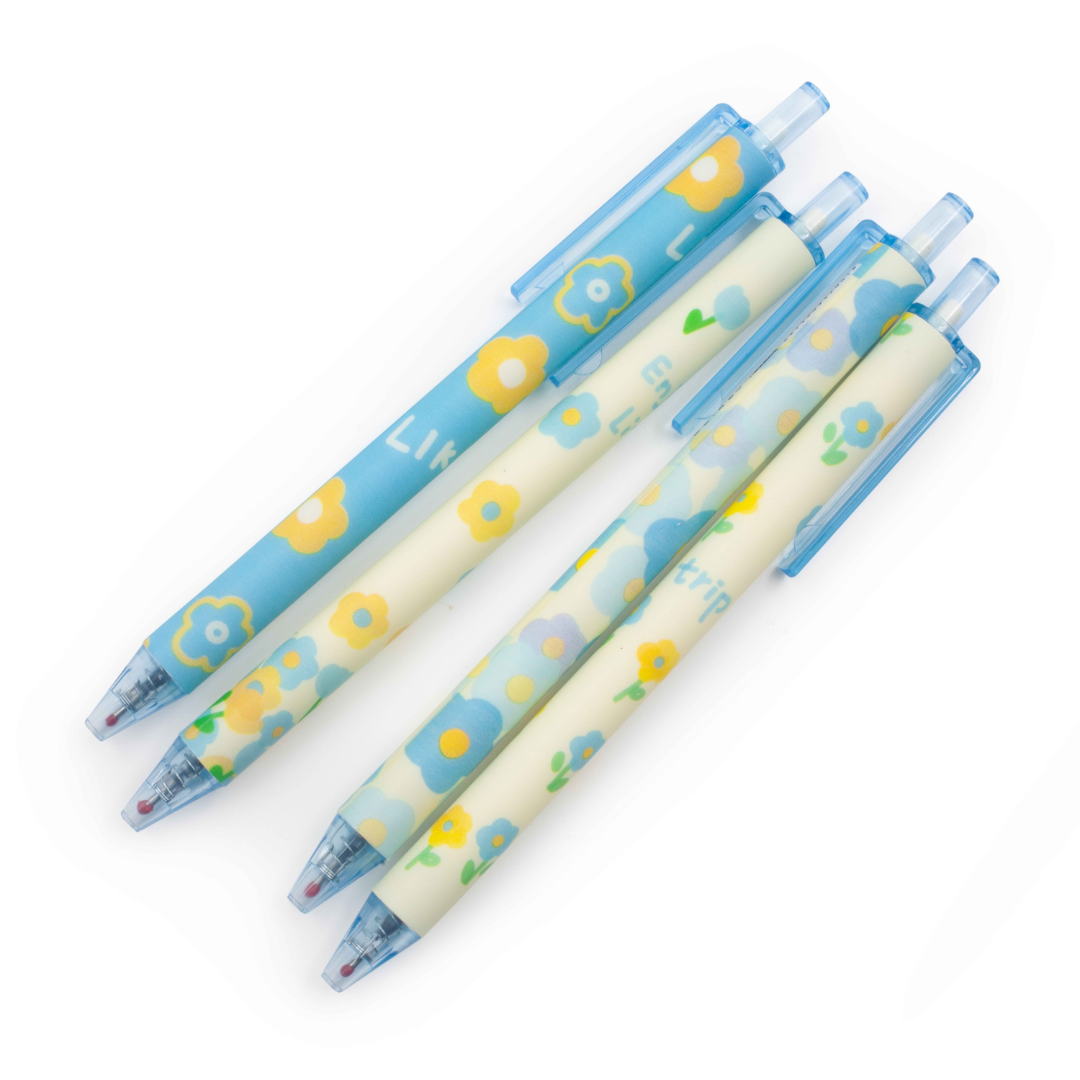 Image shows a set of 4, daisy themed ballpoint pens