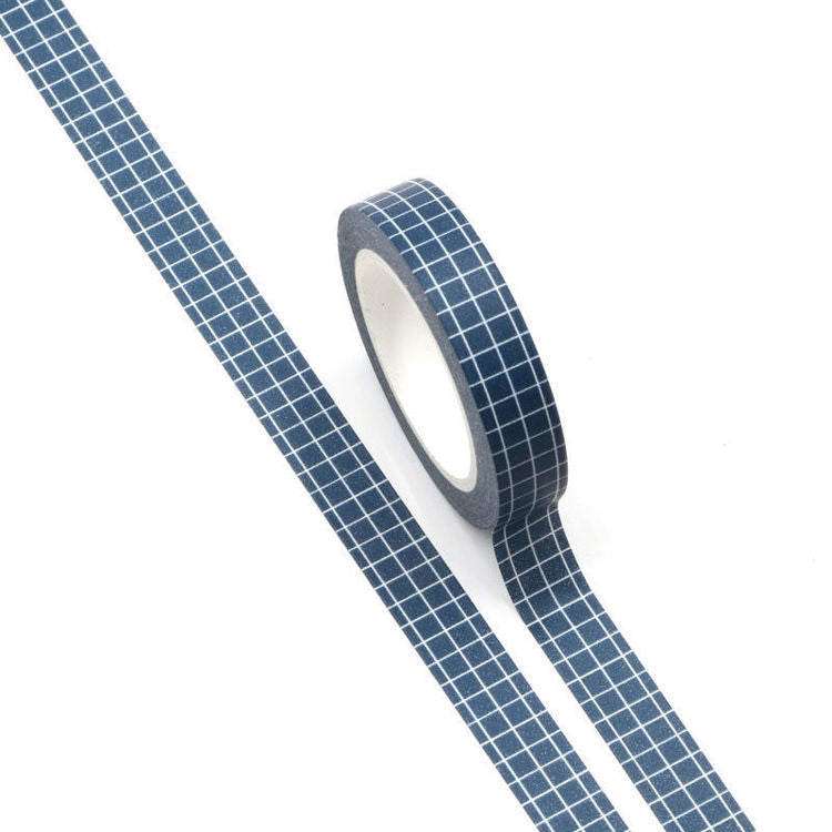 Image shows a dark blue grid pattern washi tape