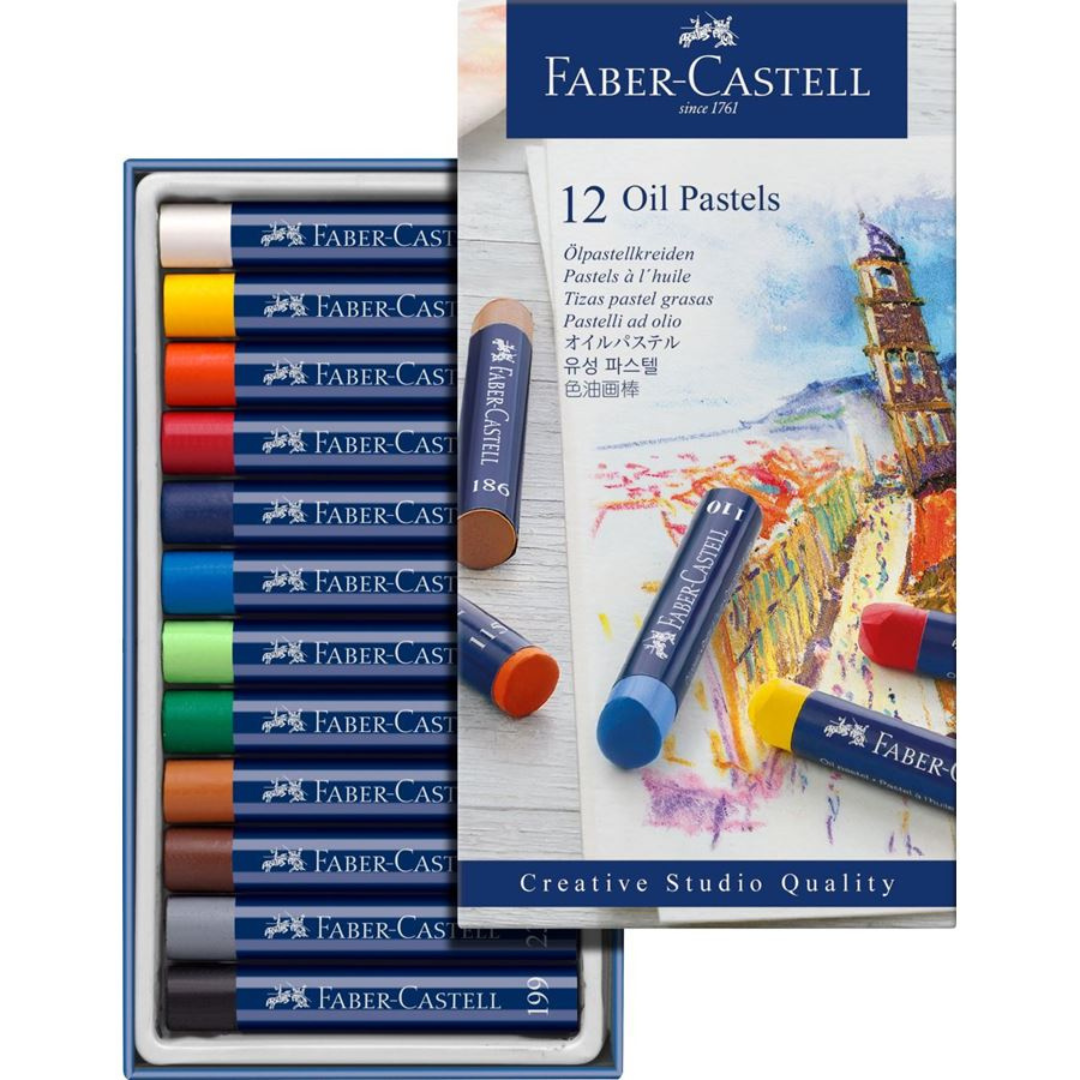 Image shows a set of 12 Faber-Castell oil pastels
