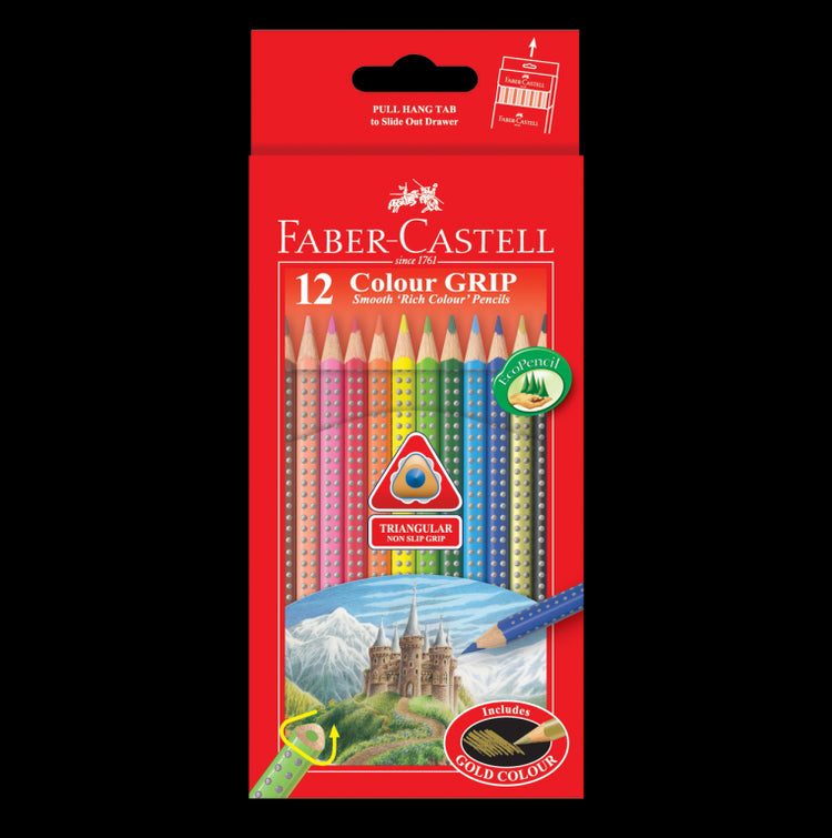 Image shows a set of 12 Faber-Castell colour grip pencils