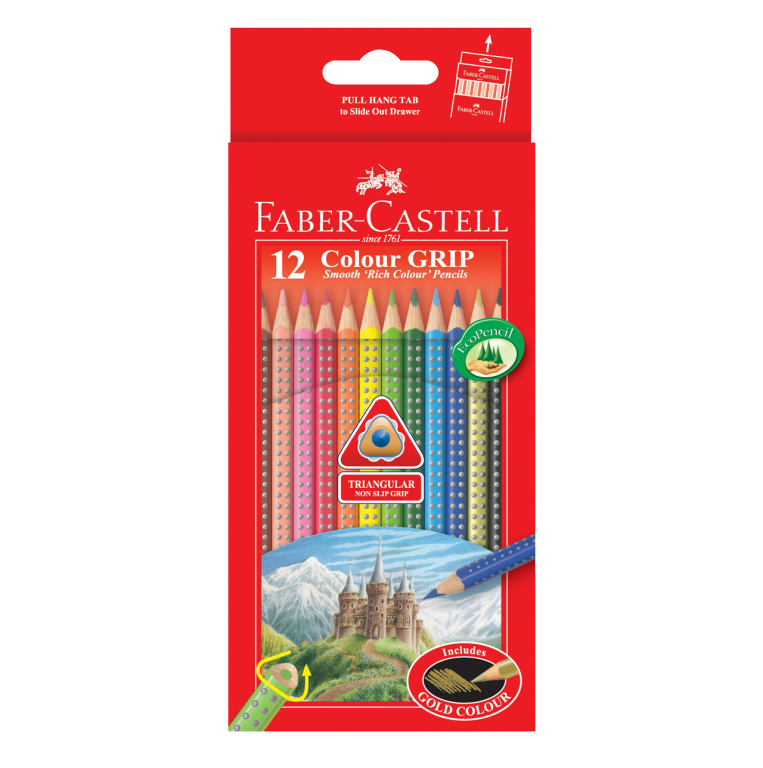 Image shows a set of 12 Faber-Castell colour grip pencils