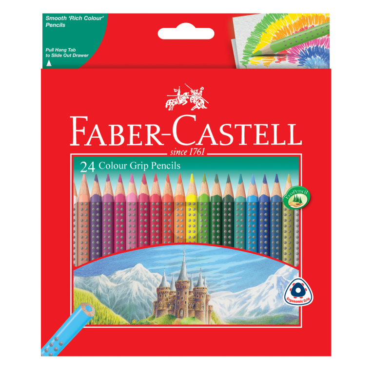 Image shows a set of 24 Faber-Castell colour grip pencils