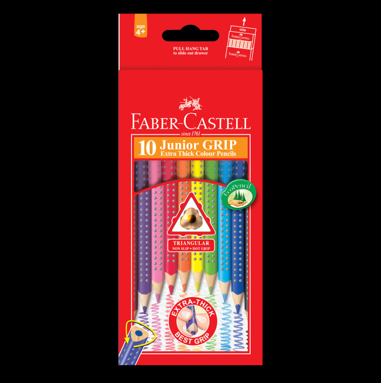 Image shows a set of 10 Faber-Castell Junior Grip colour pencils