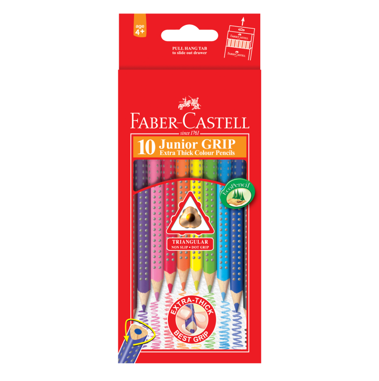 Image shows a set of 10 Faber-Castell Junior Grip colour pencils