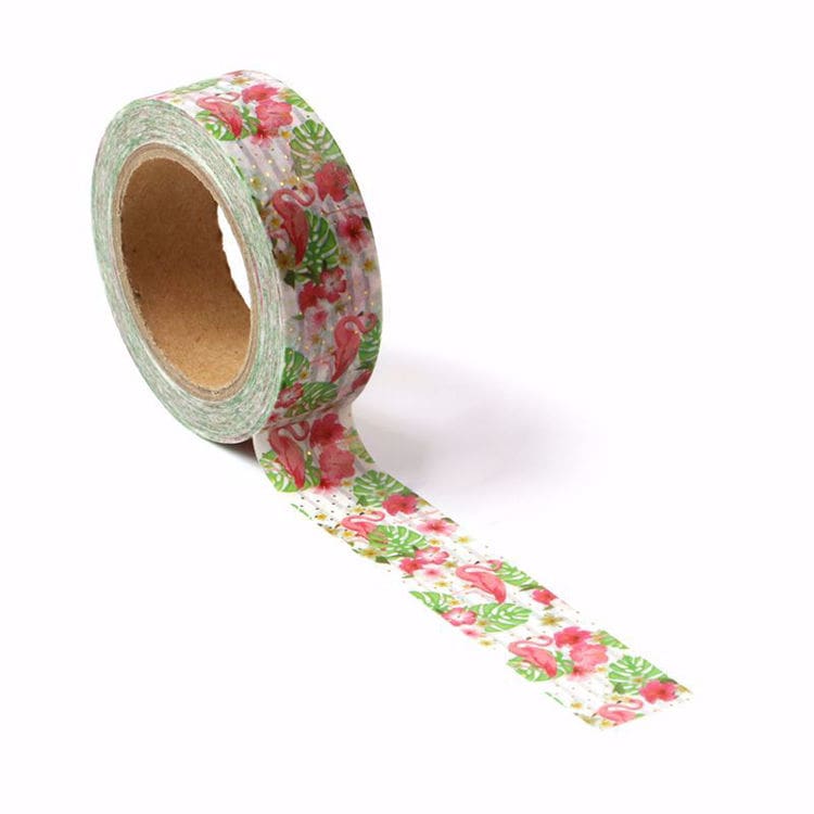 Image shows a washi tape with flowers and flamingos