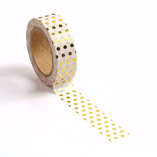 Image shows a washi tape with gold polka dots
