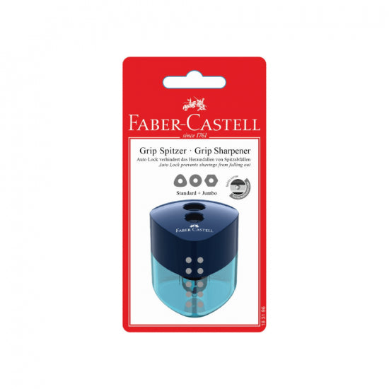 Image shows a Blue Faber-Castell double hole sharpener
