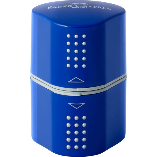 Image shows a blue Faber-Castell trio hole sharpener