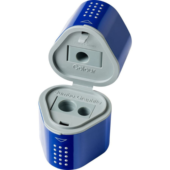 Image shows a blue Faber-Castell trio hole sharpener