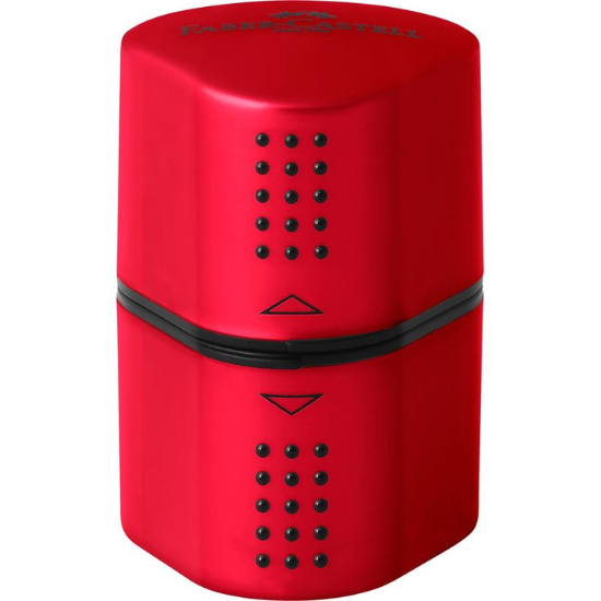 Image shows a red Faber-Castell trio hole sharpener