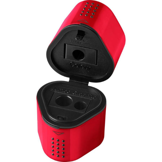 Image shows a red Faber-Castell trio hole sharpener