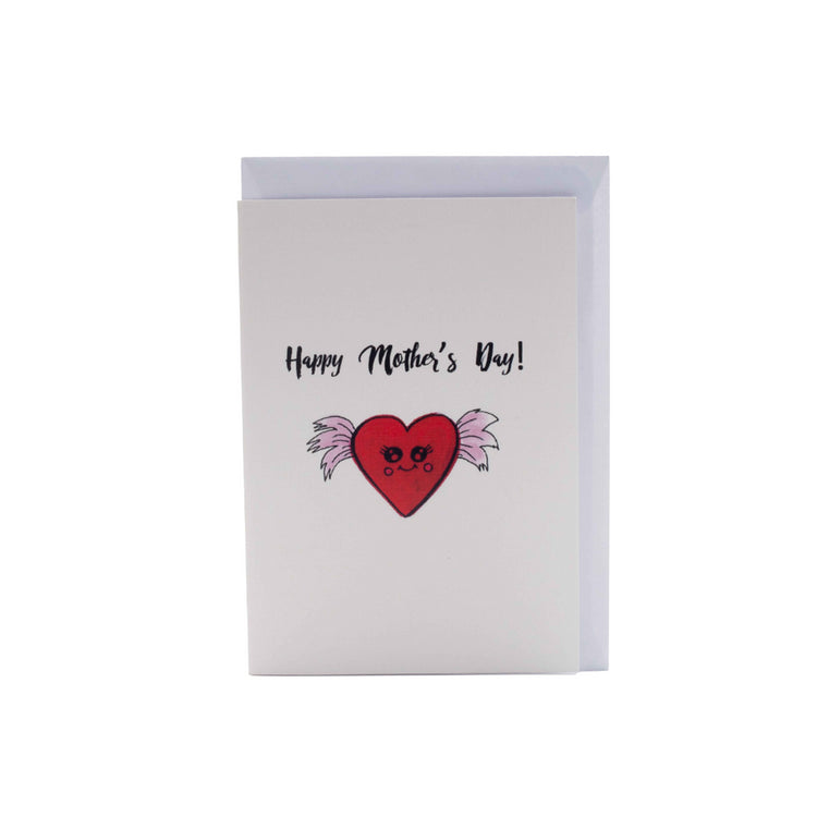 Image shows a greeting card with "happy mother's day" written on it and a heart illustration