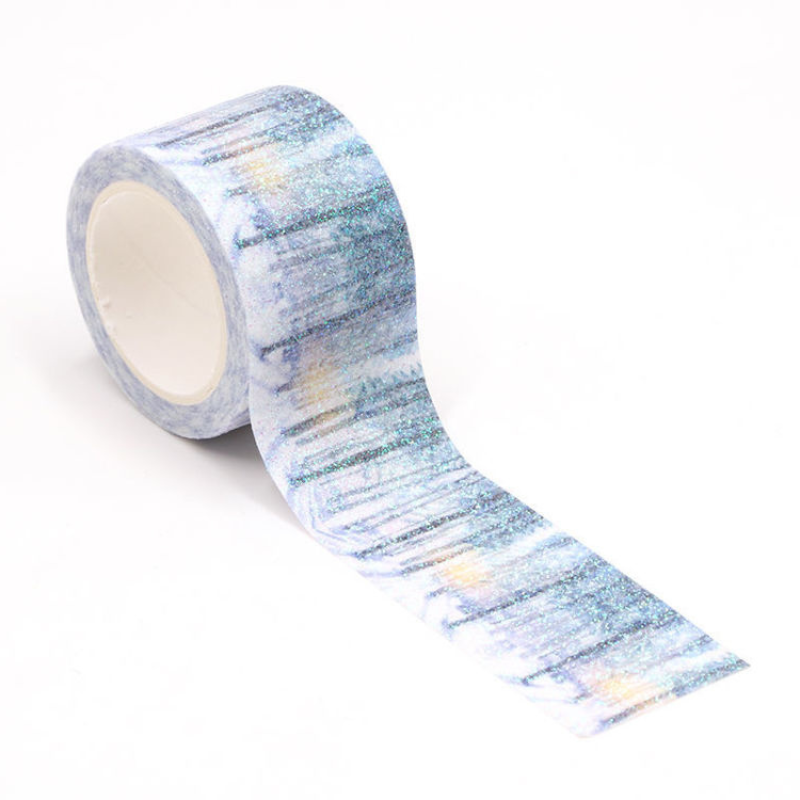 Image shows a blue forest glitter pattern washi tape