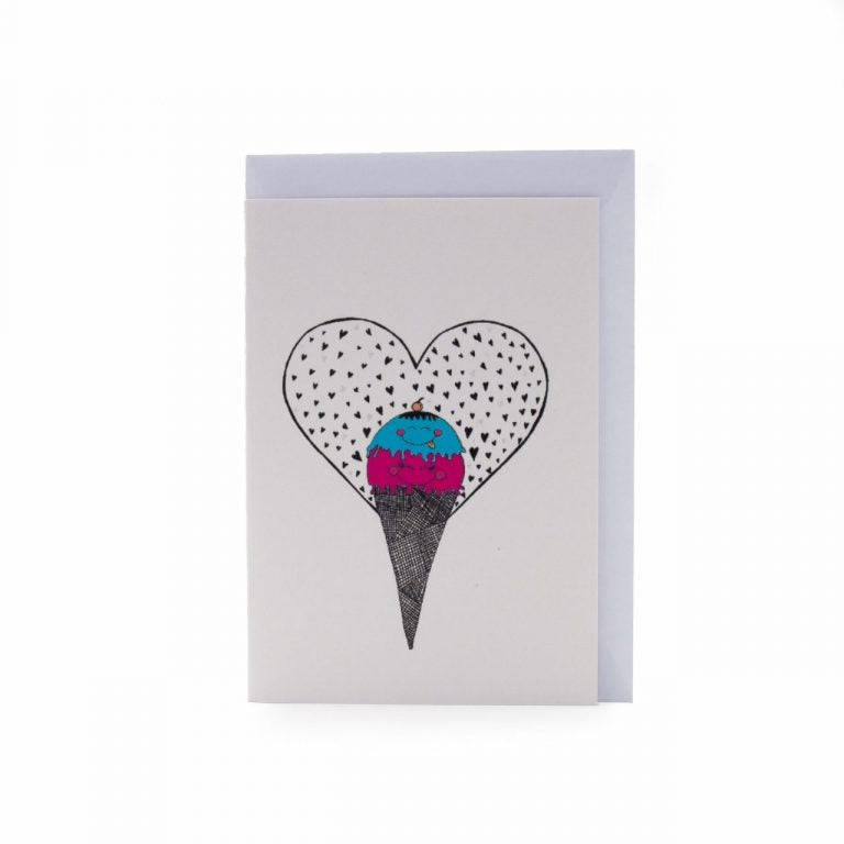 Image shows a greeting card with an ice cream and heart illustration on it