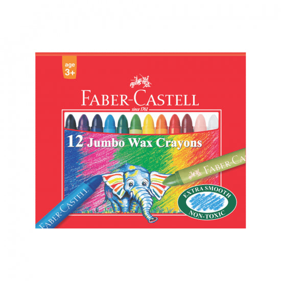 Image shows a set of 12 Faber-Castell Jumbo wax crayons