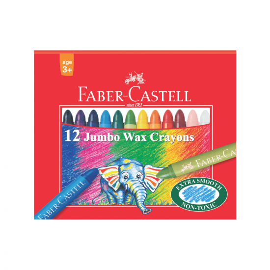 Image shows a set of 12 Faber-Castell Jumbo wax crayons